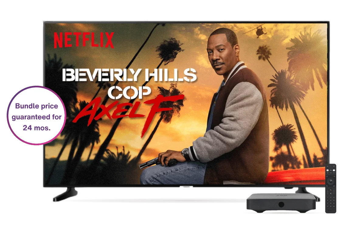 An image of a TV showing Beverly Hills Cop series on Netflix and a TELUS TV box with a roundel saying "Bundle price guaranteed for 24 mos.".