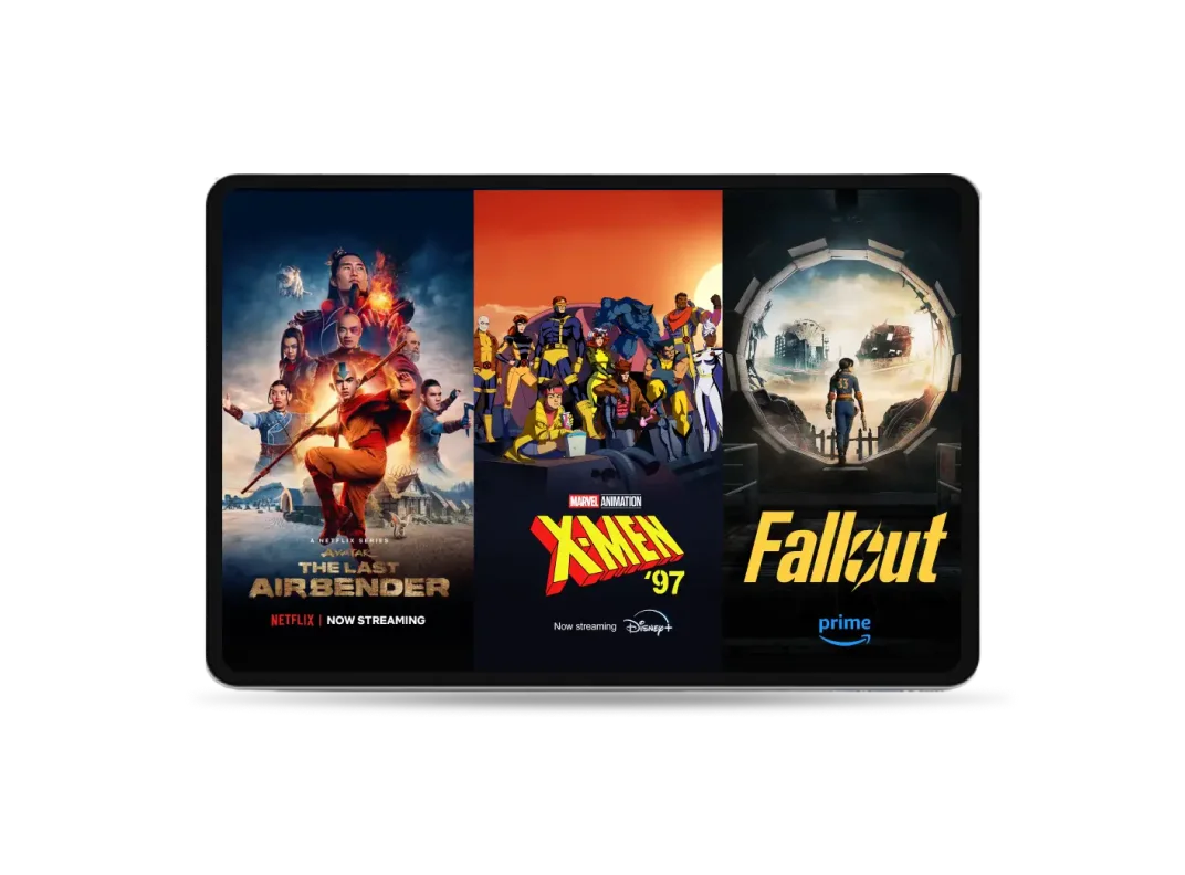 Une tablette affichant trois séries à succès diffusées sur EnContinu+ : Avatar : Le dernier maître de l'air de Netflix, X-Men '97 de Disney+ Standard et Fallout de Prime.