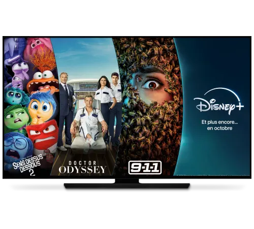 Un téléviseur présente des affiches. De gauche à droite : Sans dessus dessous 2, Doctor Odyssey et 9-1-1. À droite des affiches se trouve le logo de Disney+. En dessous, le texte indique « Et plus encore… en octobre ».