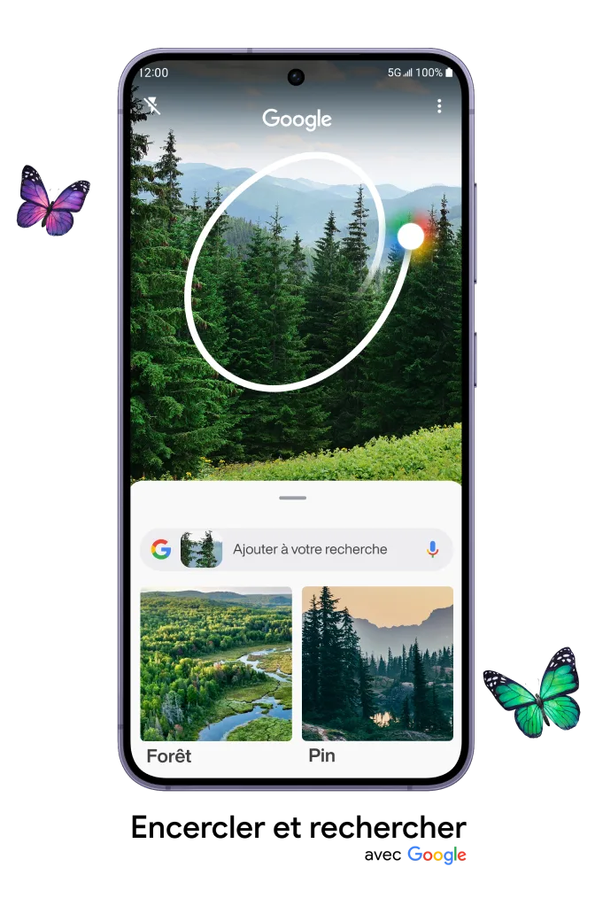 Vue avant du Samsung Galaxy S24. L’écran montre la fonction « Encercler et rechercher » de Google, utilisée sur l’image d’une forêt.