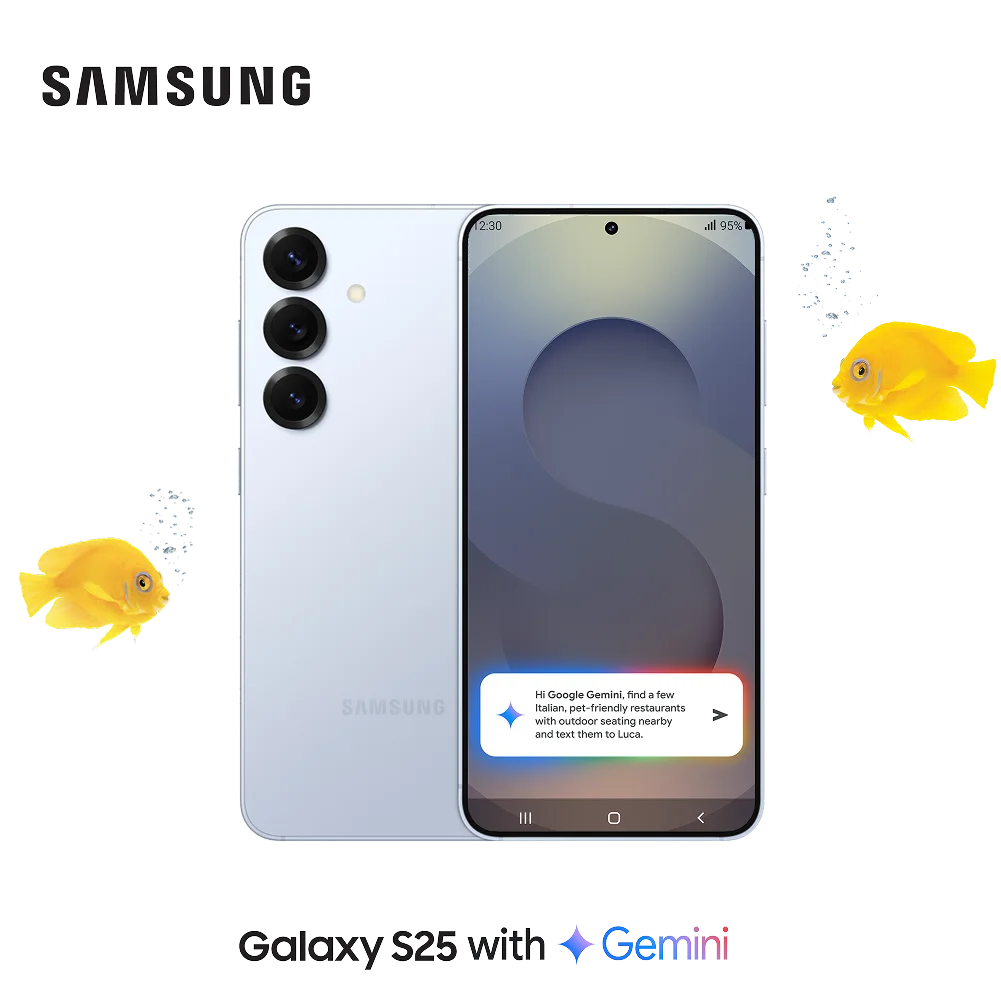 Samsung Galaxy S25 in light blue showing front and back views with blue circular display, Samsung branding, and yellow fish decorative elements.