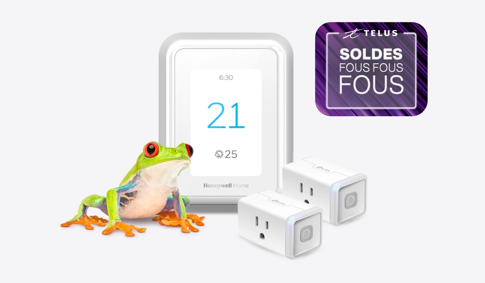 Une grenouille se tient à côté d’un thermostat intelligent et de deux prises de courant intelligentes qui portent l’inscription « Soldes du Vendredi fou ».