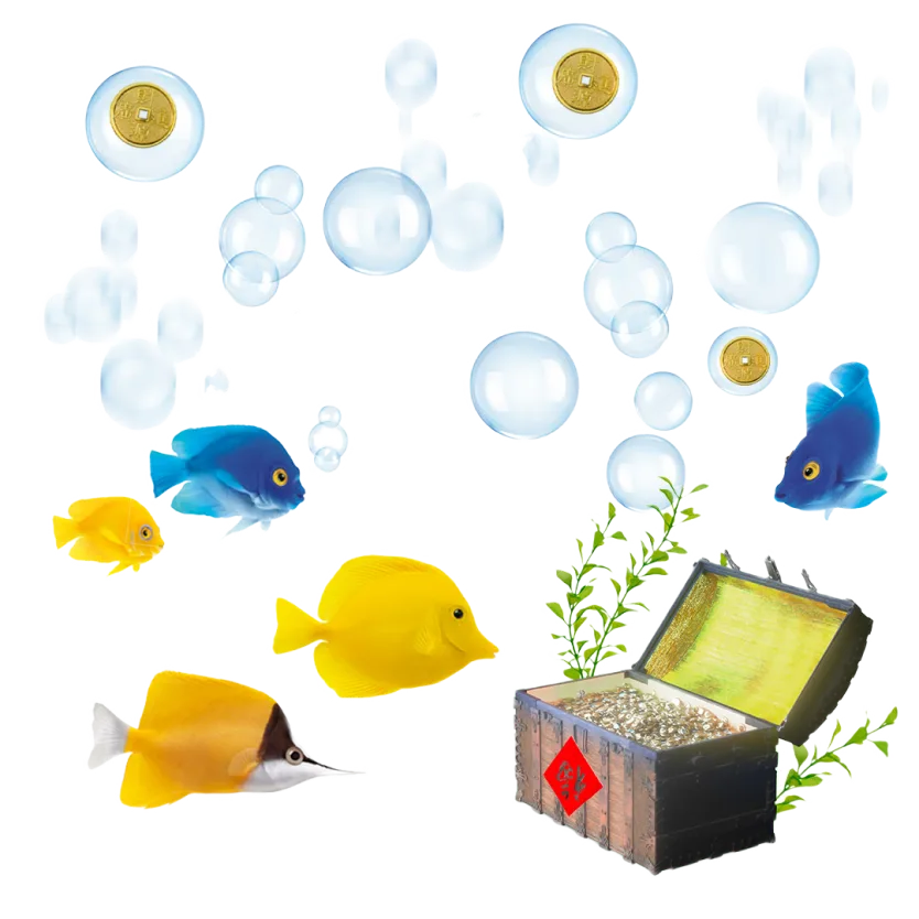 Fish and coins in bubbles float above a treasure chest