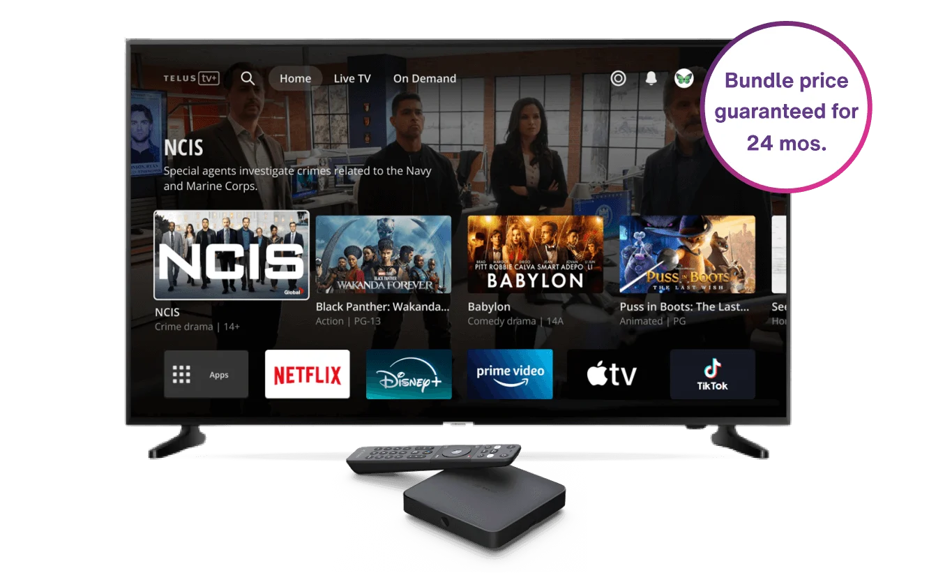 A large TV with various show selections on TELUS TV+ app. Next to it is a roundel with the text: Bundle price guaranteed for 24 months