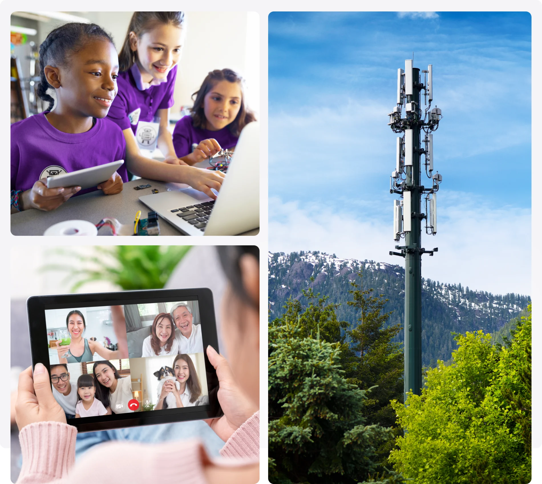 A collage of images, including: (top left) children interacting with a laptop, (bottom left) a person interacting with relatives on a tablet and (right) a cell tower located in mountainous terrain