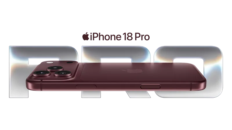 Close-up of iPhone 18 Pro in Burgundy with chromatic "PRO" text.