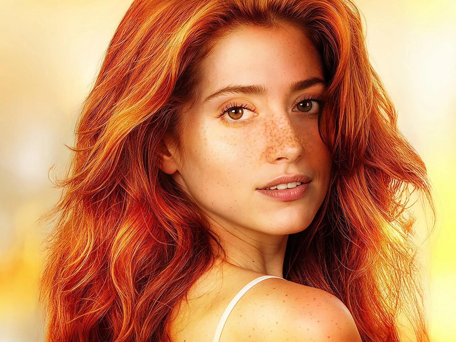 Ritratto di donna con capelli rossi che guarda nell'obiettivo.