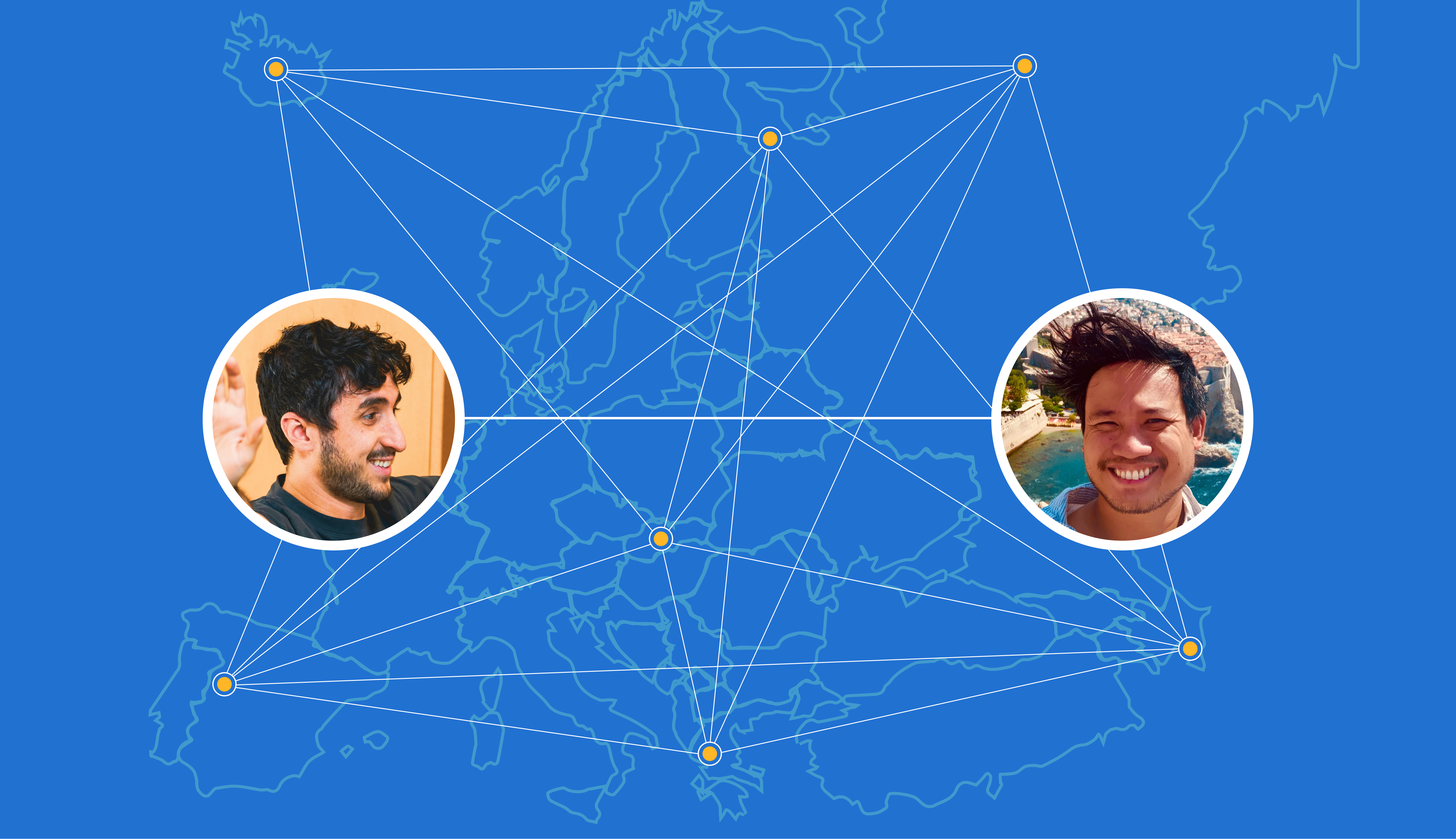 Map outline of Europe against a bright blue background, with dots and lines representing travel paths, and headshots of two employees in circle cutouts.