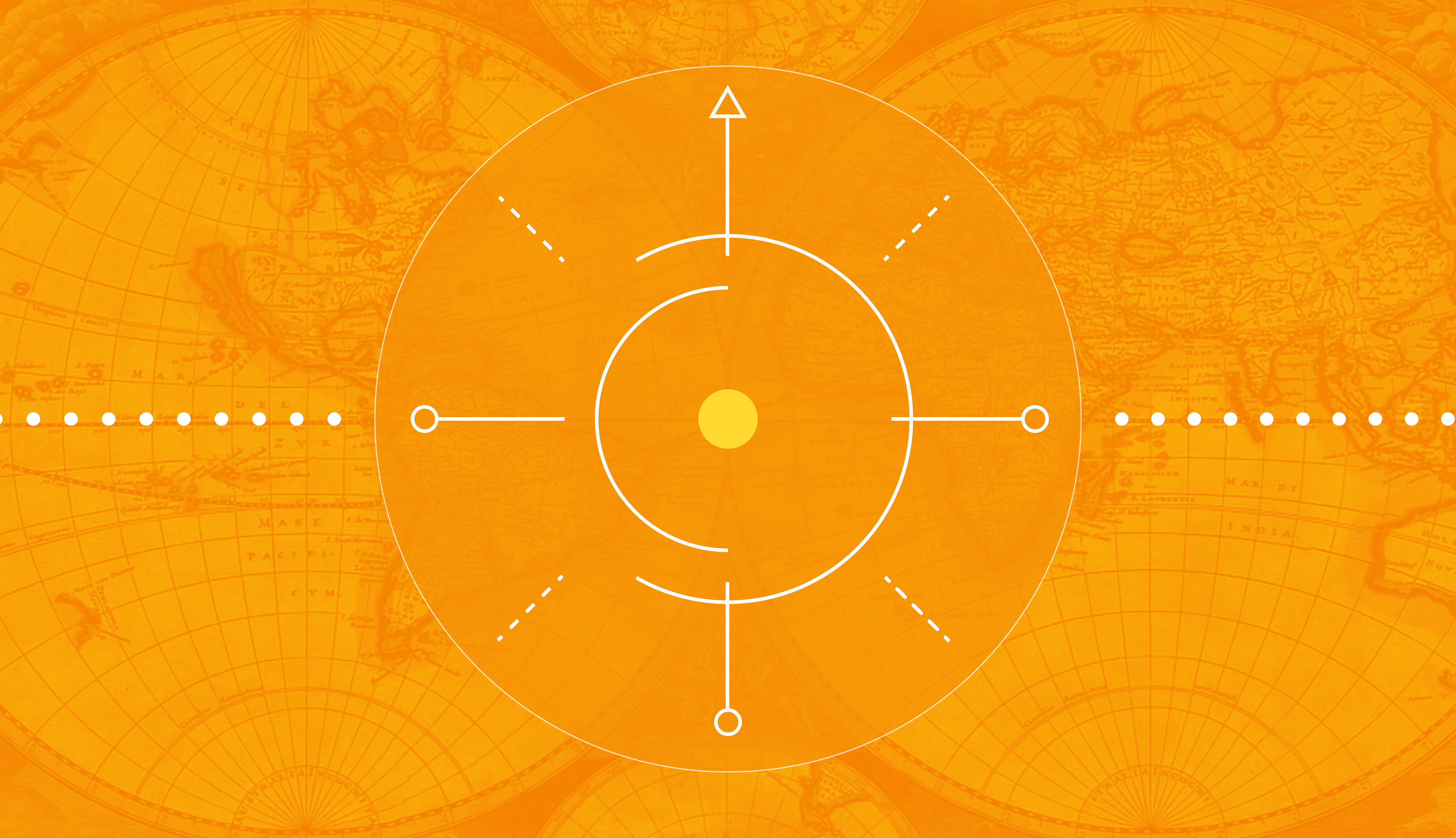 Old world map on orange background with compass-like design overlaid across the top