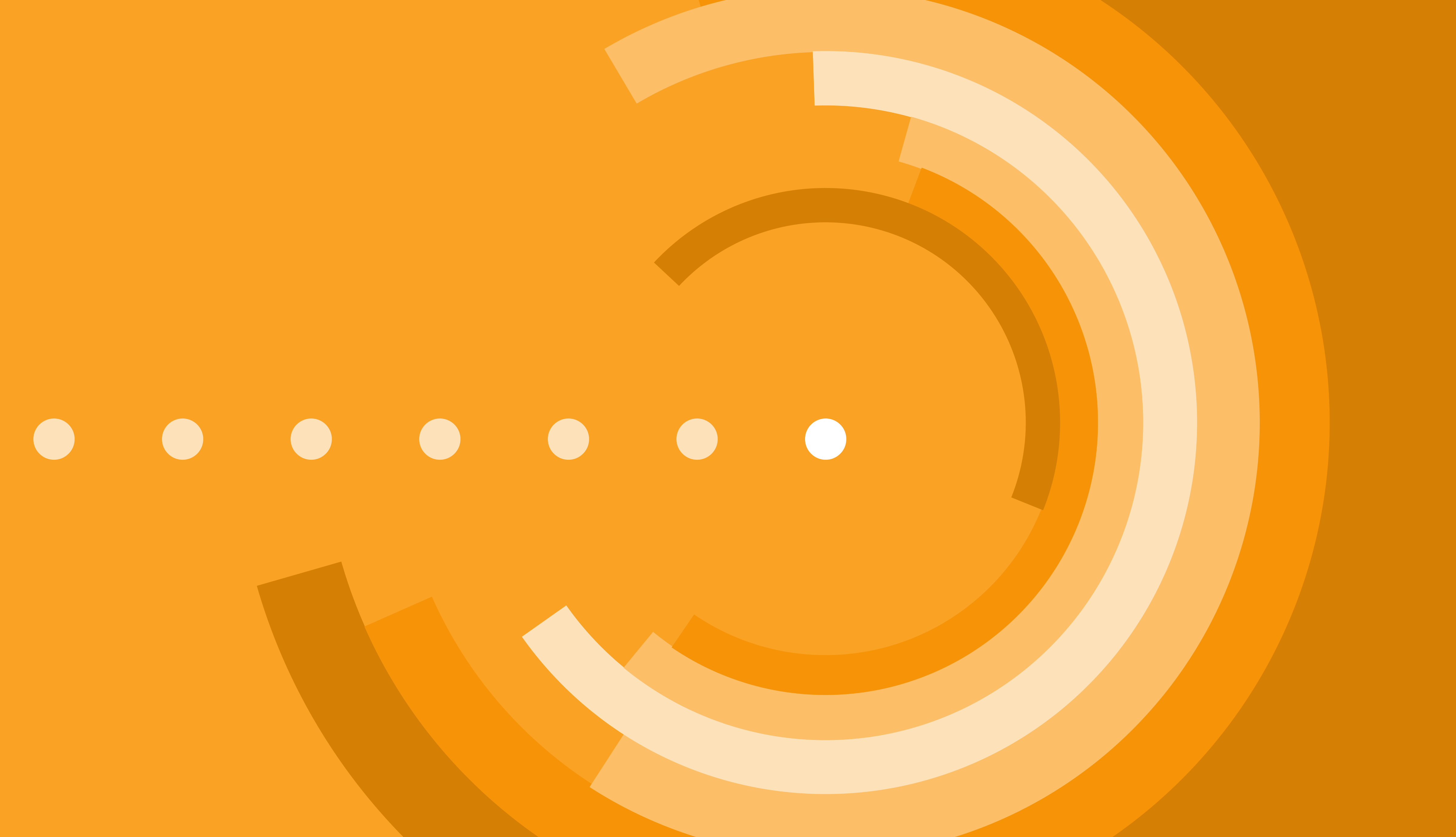 Nestled partial pieces of a circle, in different shades of orange and cream, against an orange background, with a horizontal row of dots from the center of the frame to the leftmost edge.