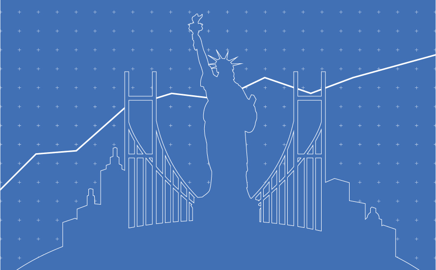 A silhouette of the Statue of Liberty and iconic New York City bridges appears against a bright blue background, with a rising trend line across the top
