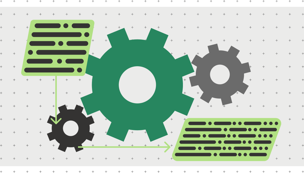 Against a natural background with repeating black plus signs, a smaller green panel of code in top left corner is shown getting processed into three cogs at the center of the visual, and exiting back out as a larger, final panel of code.