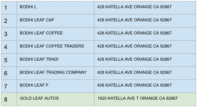 List of seven aliases for "Bodi Leaf" coffee company in blue; entry for "Gold Leaf Autos" appears in green at spot #8