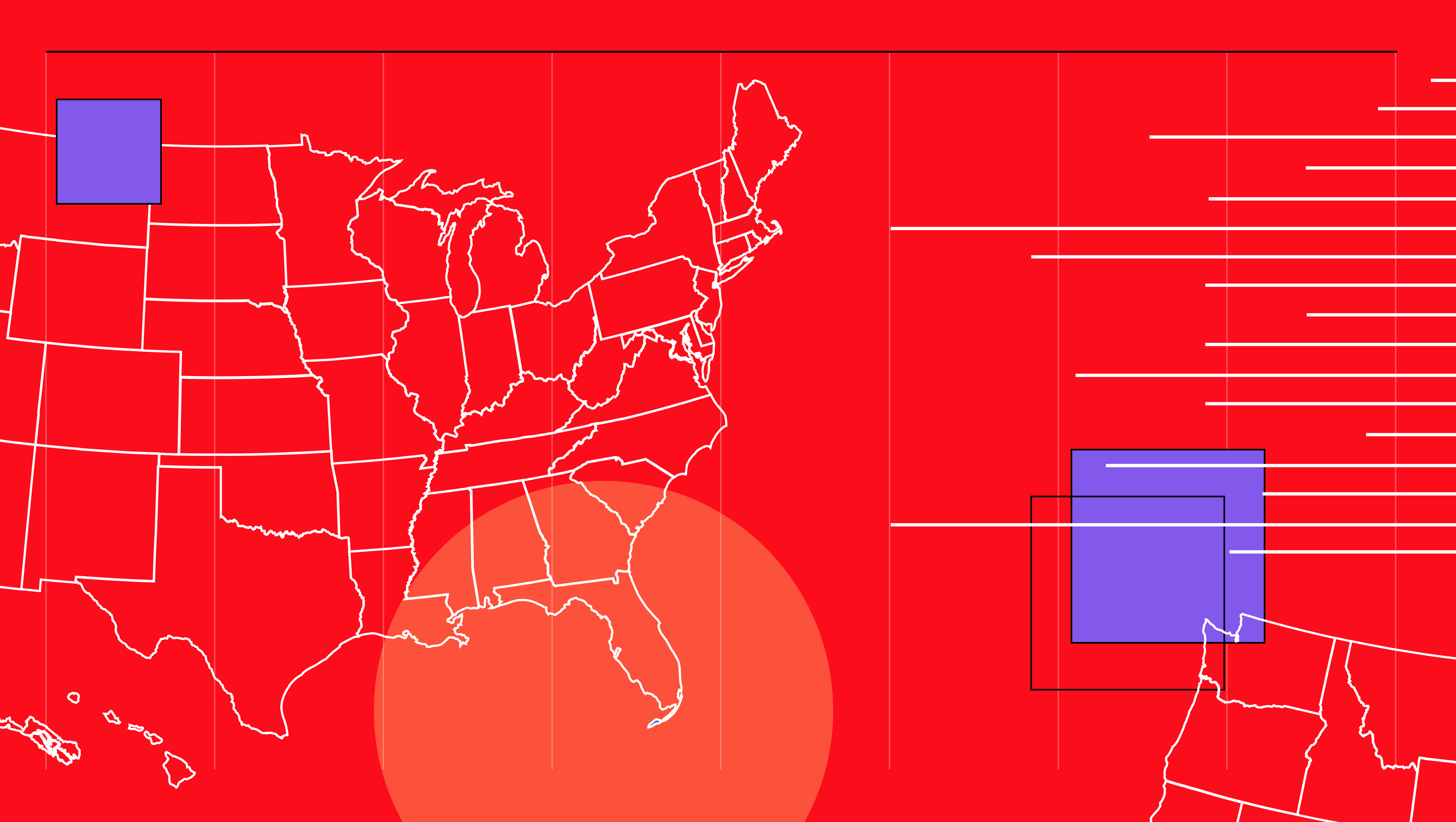 Image depicting US map against red background with abstract data visuals