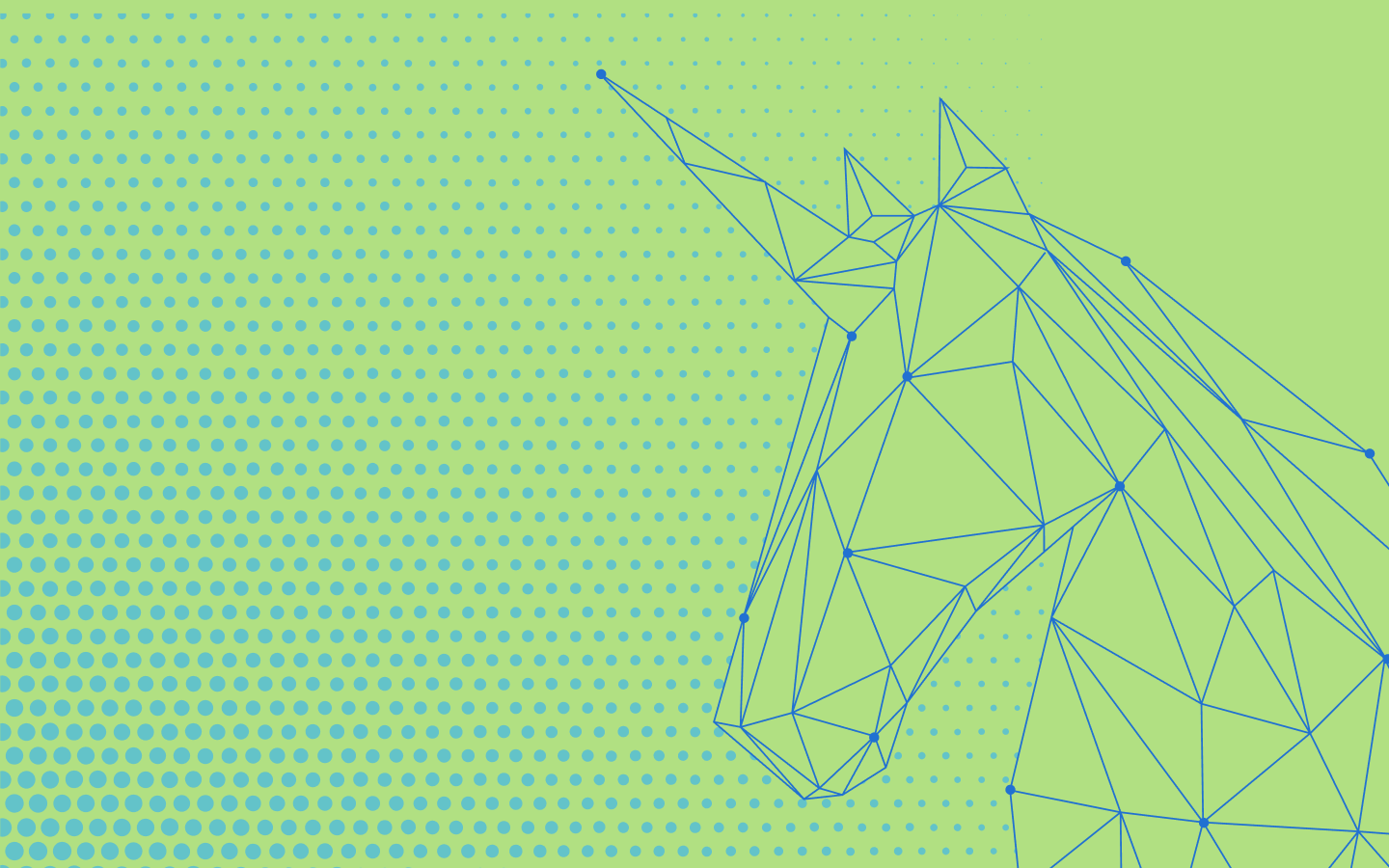 Prismatic blue unicorn on green and blue dot background.