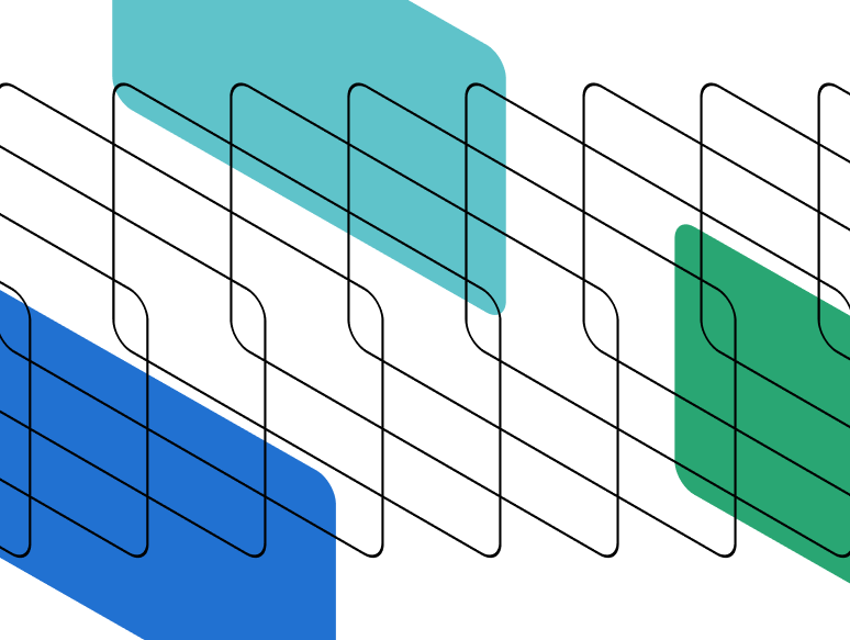 Abstract outlines of credit cards lined up, flanked by cards colored solid blue, aqua and green