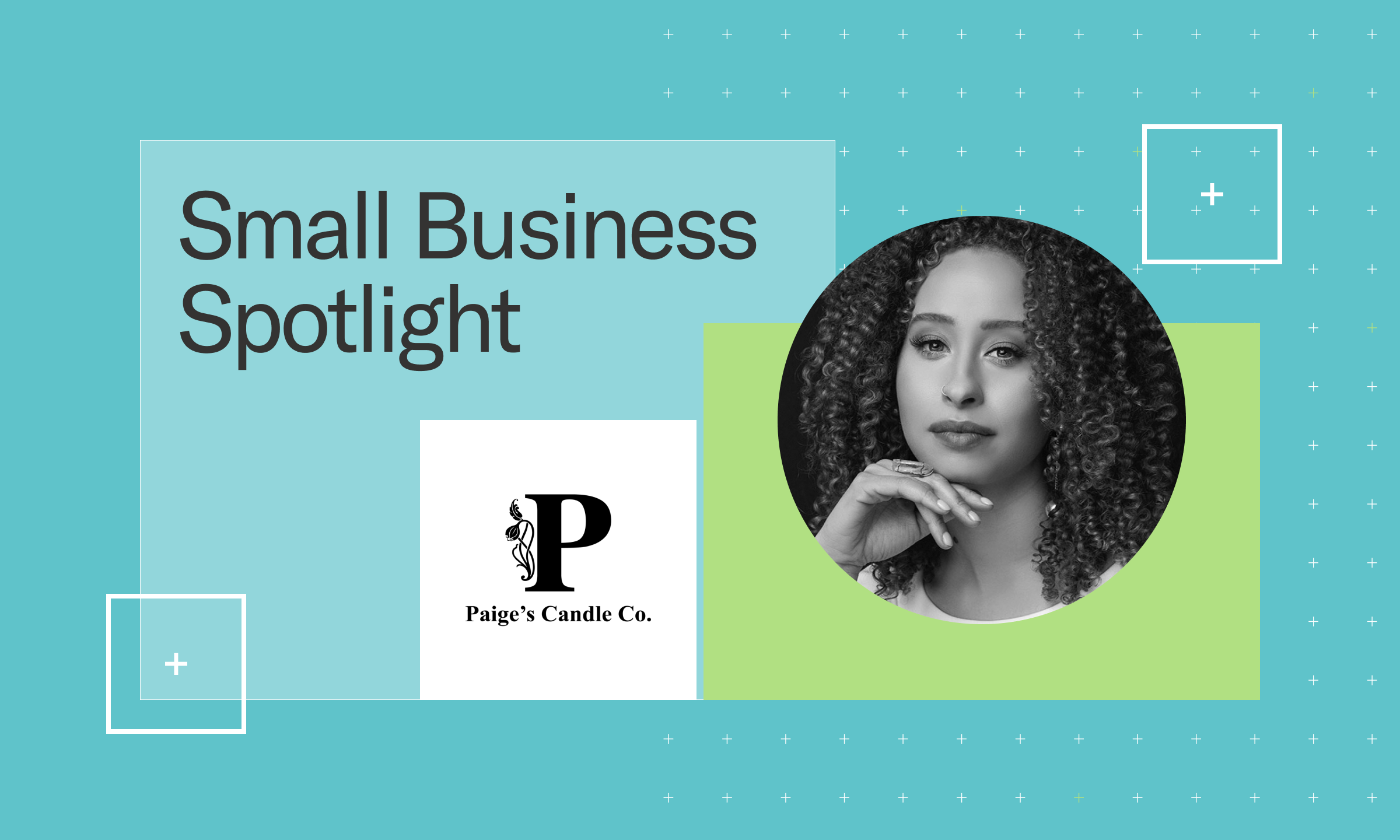 Headline "small business spotlight" and the Paige's Candle Company logo alongside a round headshot of Paige Graham against a blue background