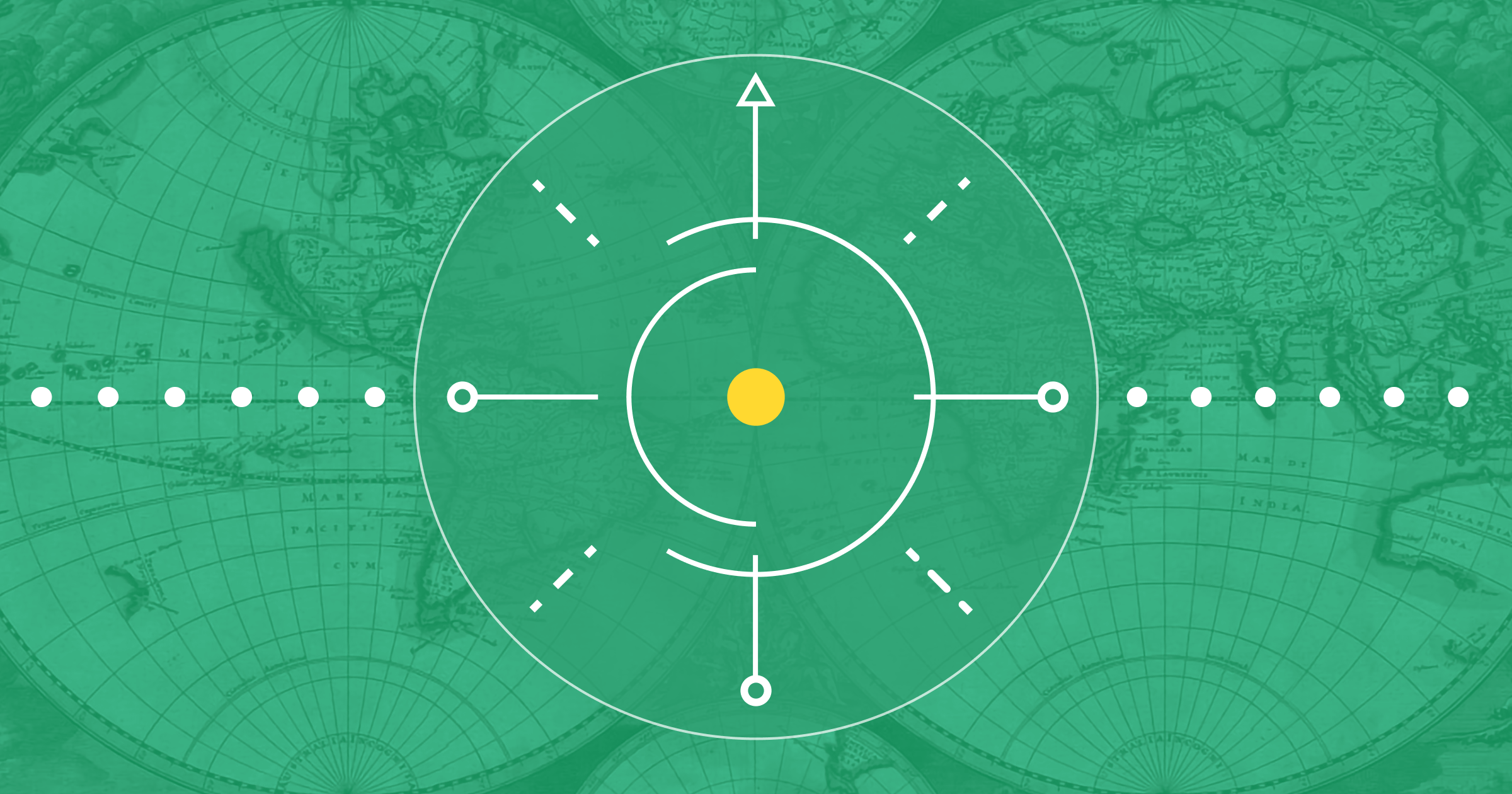 Old world map against a green background, overlaid with a compass-like design