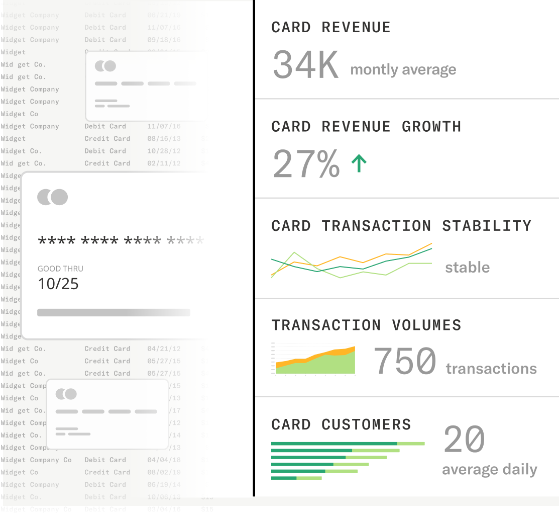 Graphic showing transformation of anonymized credit card transactions into business revenue data.