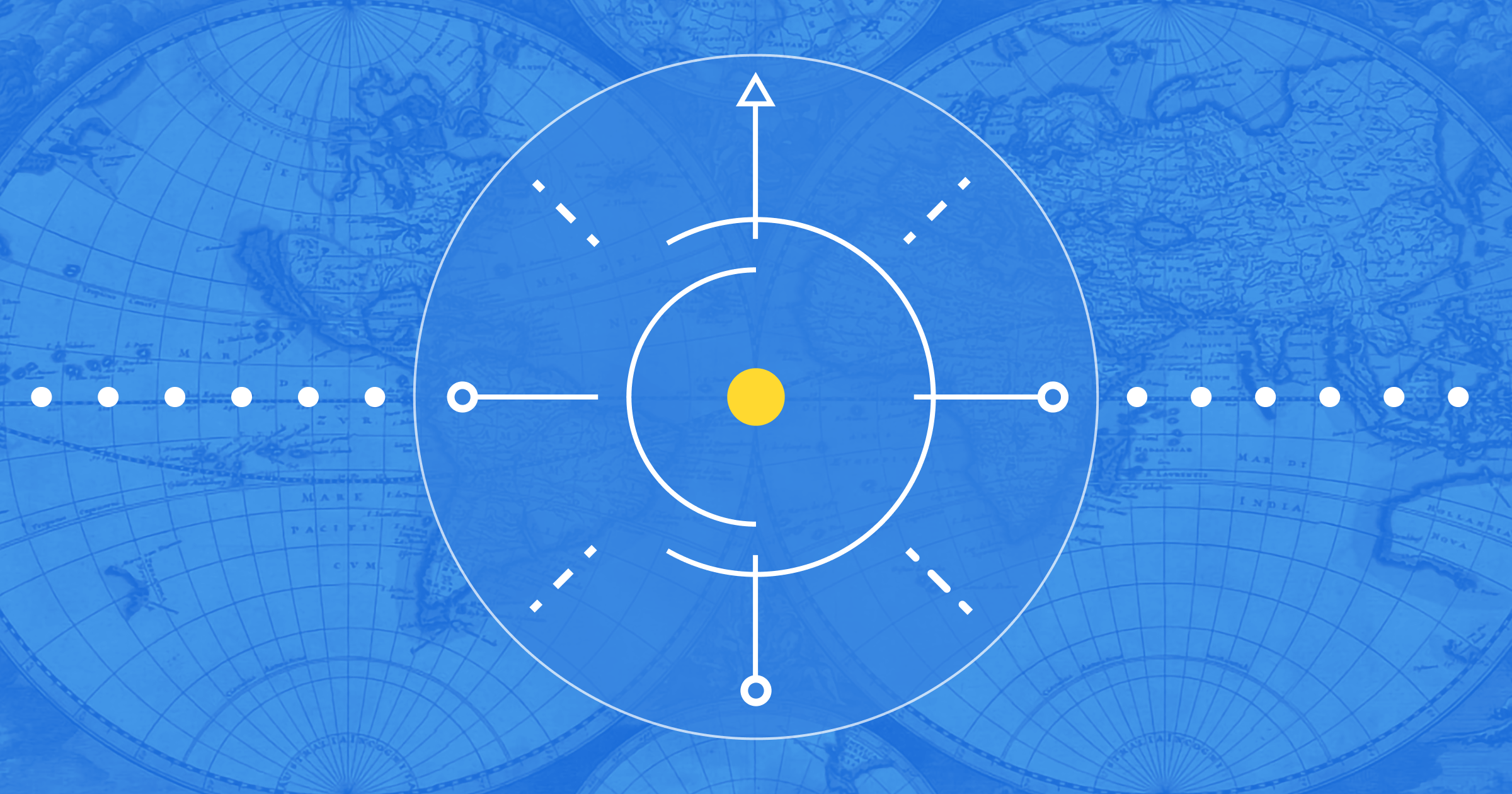 Old world map on blue background with compass-like design overlaid across the top