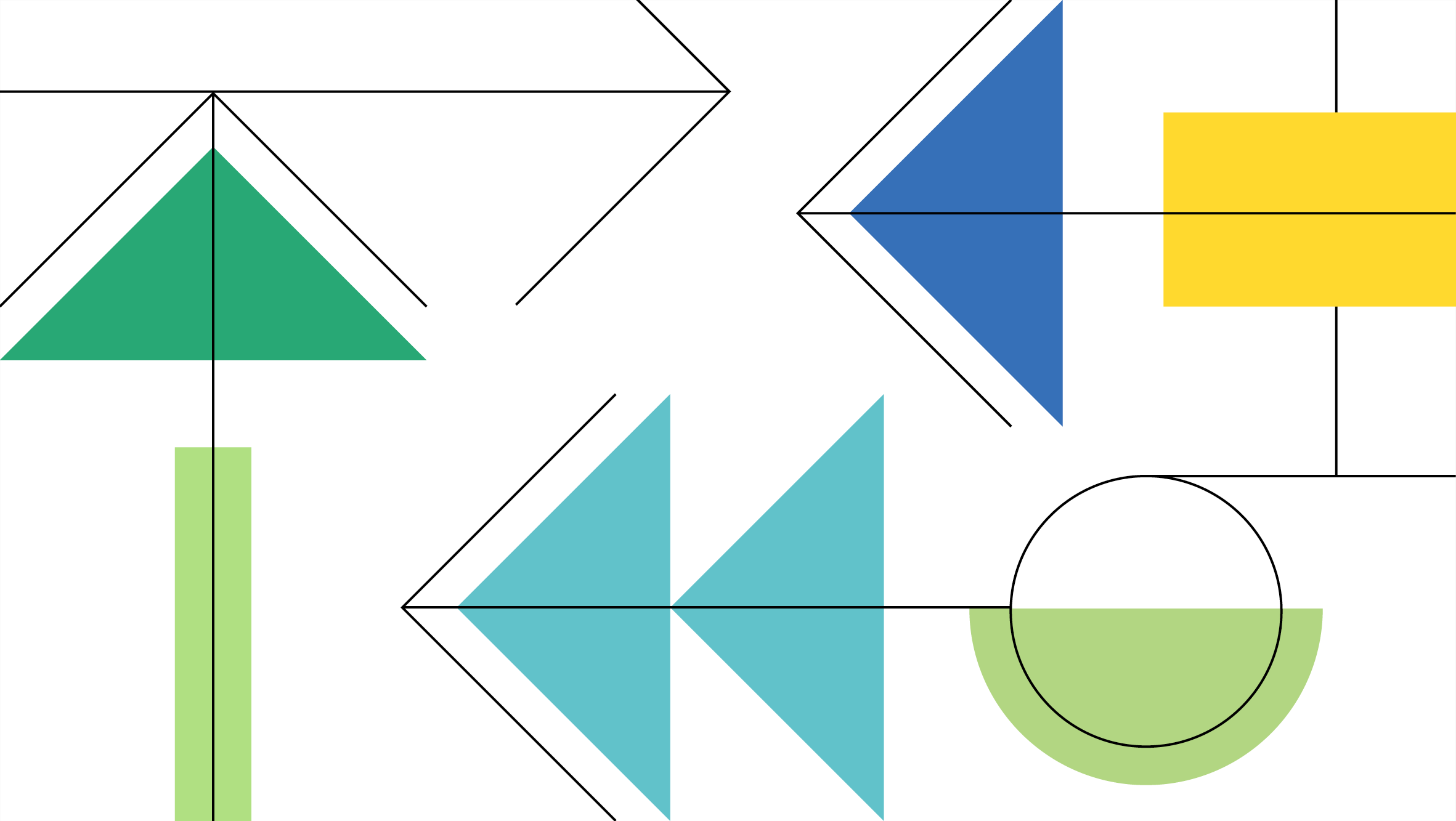 Abstract image with green and blue rectangles, triangles, and arrows.