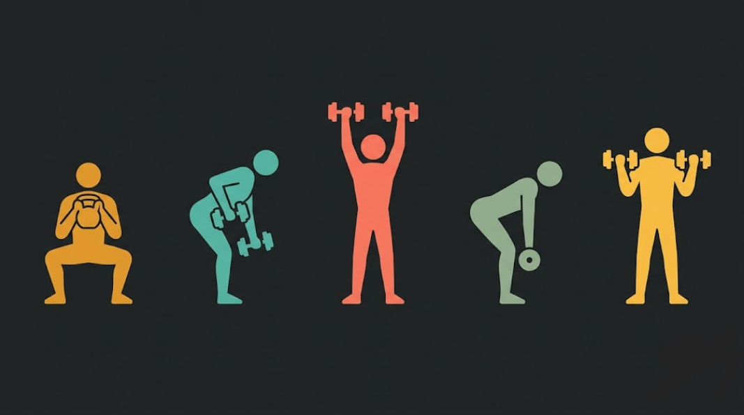 Flat illustration grid showing five beginner dumbbell exercises