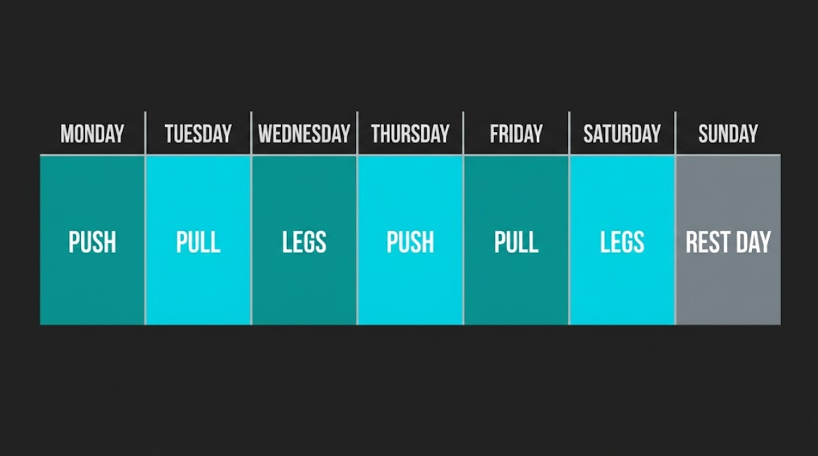 Weekly calendar graphic showing a 6-day push pull legs training schedule