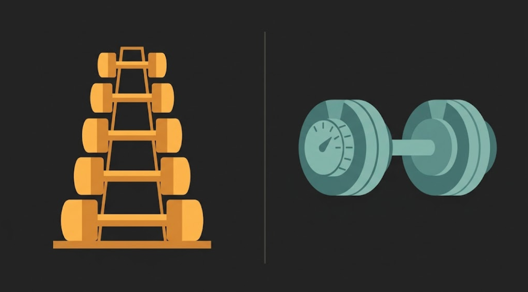 Flat illustration comparing a rack of fixed dumbbells to a single adjustable dumbbell