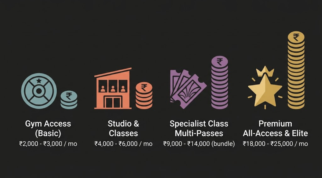 Icon graphic comparing different Zumba class pricing tiers
