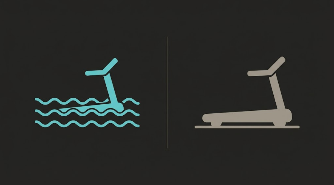 Icons comparing an aqua treadmill and a land treadmill