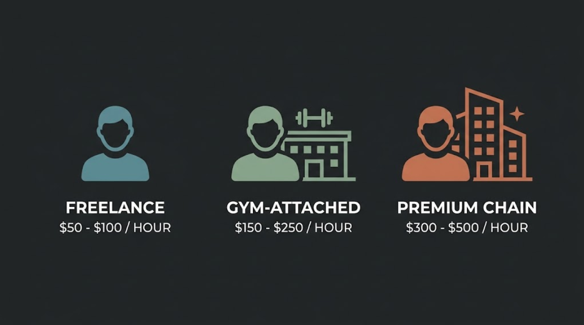 Icon graphic comparing freelance, gym-attached, and premium chain personal trainers