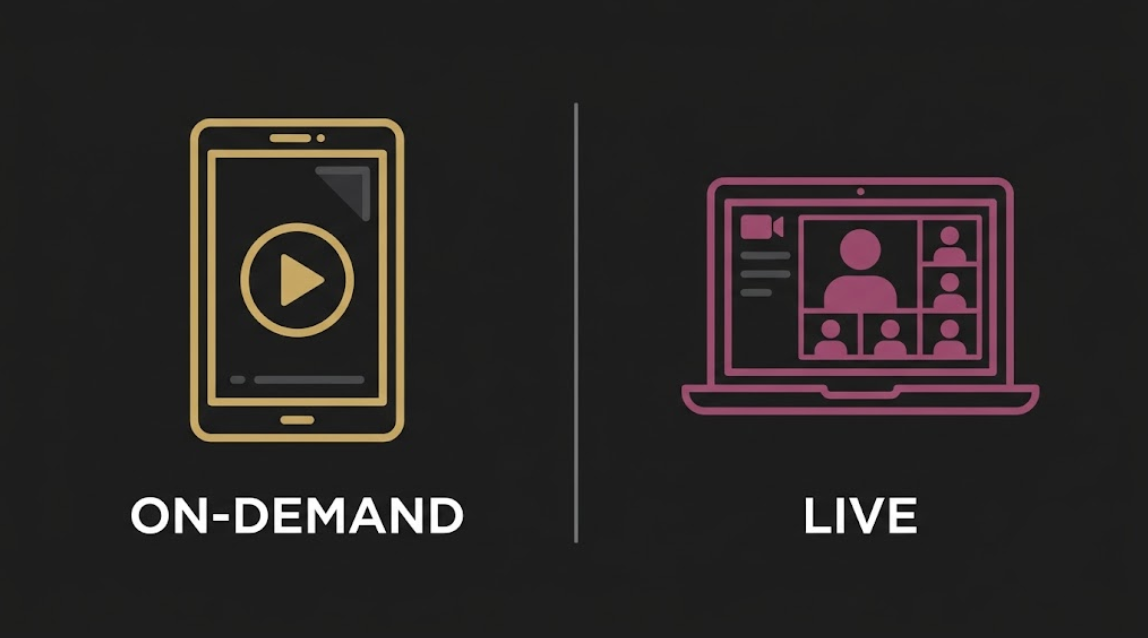 Icons comparing on-demand app classes to live virtual Zumba sessions