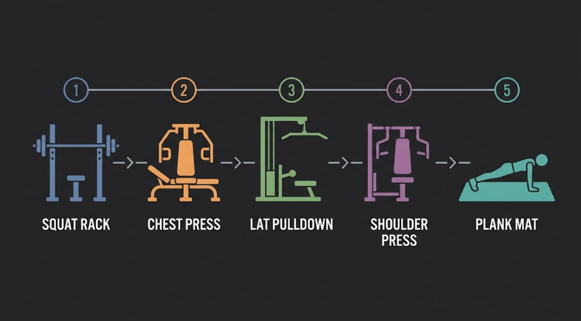 Icon diagram showing five exercises in a beginner gym circuit