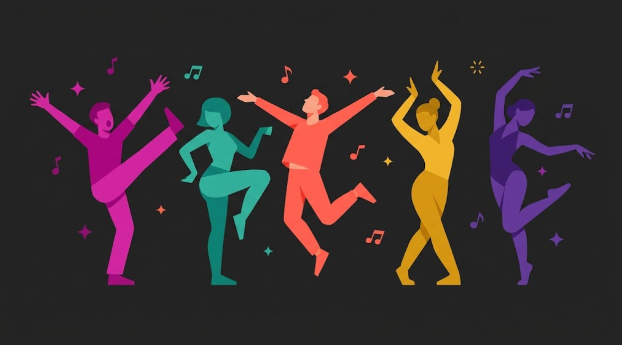 Flat illustration of a group of people dancing in a Zumba class
