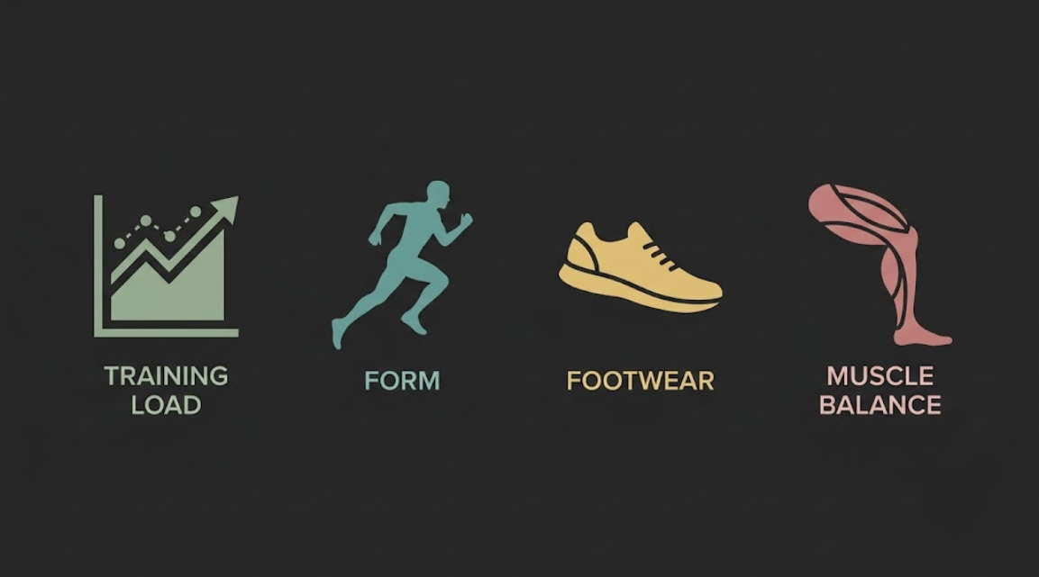 Icons representing the four factors affecting knee strain: training load, form, footwear, and muscle balance