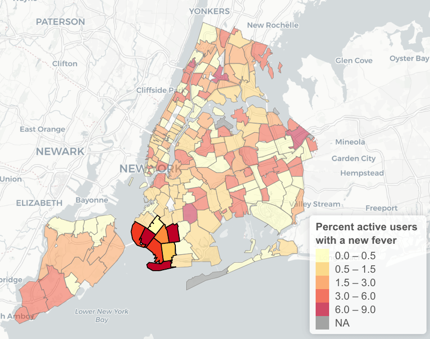Map showing active users with fevers in New York City