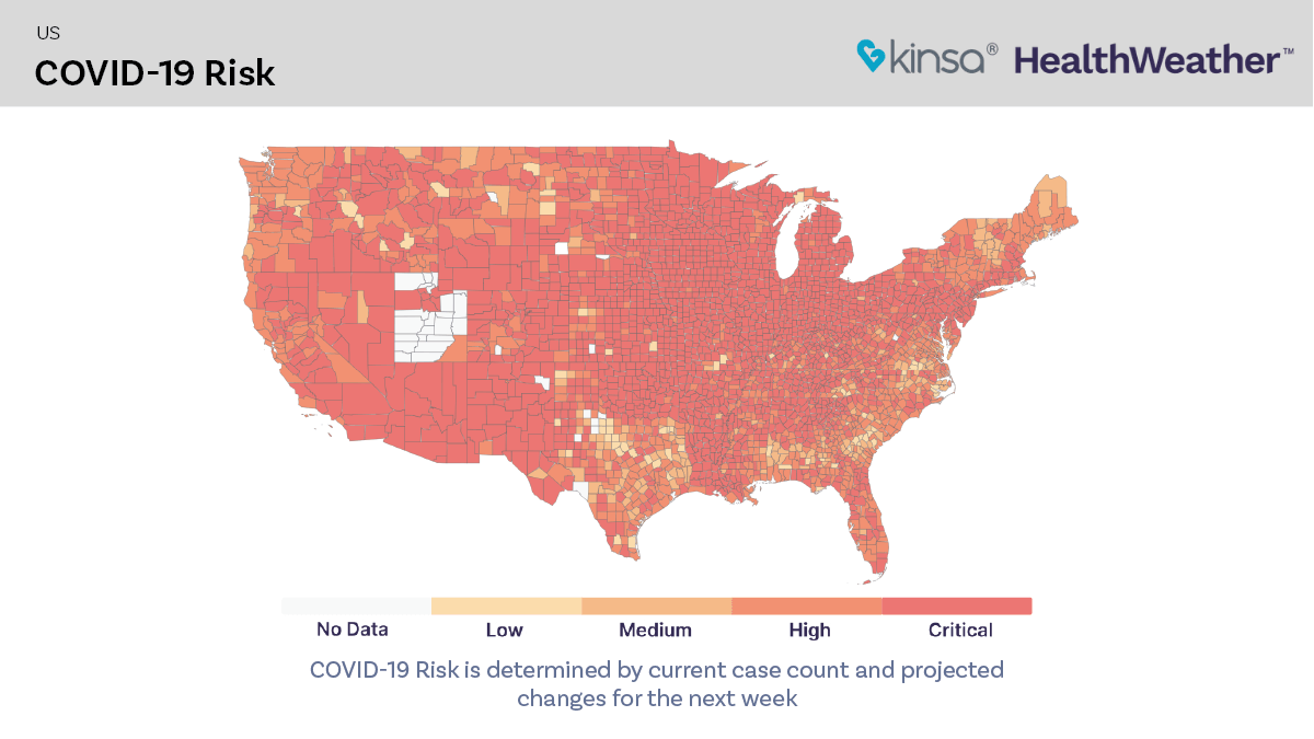 A map showing covid risk scores across the US