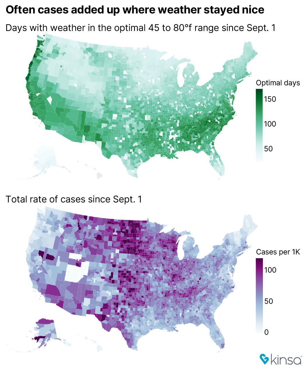 Map of nicer weather and higher virus case rates