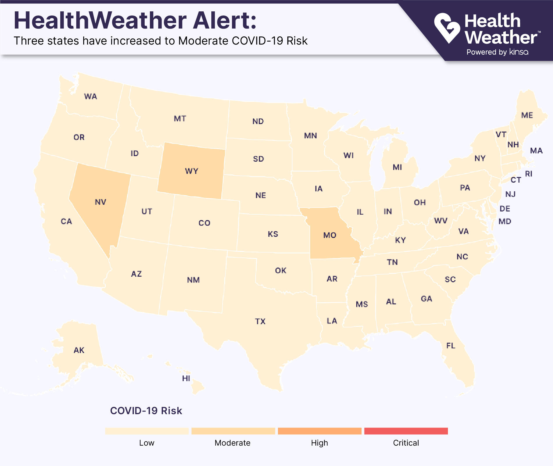 Map showing MO, WY and NV as the only states with elevated COVID-19 risk scores