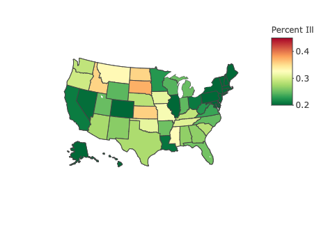 Map showing decreased illness levels across all regions of the US