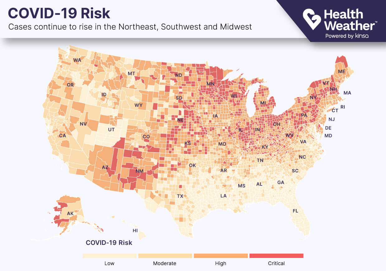 Map of the US showing covid risk elevated in the Northeast, Midwest and Southwest