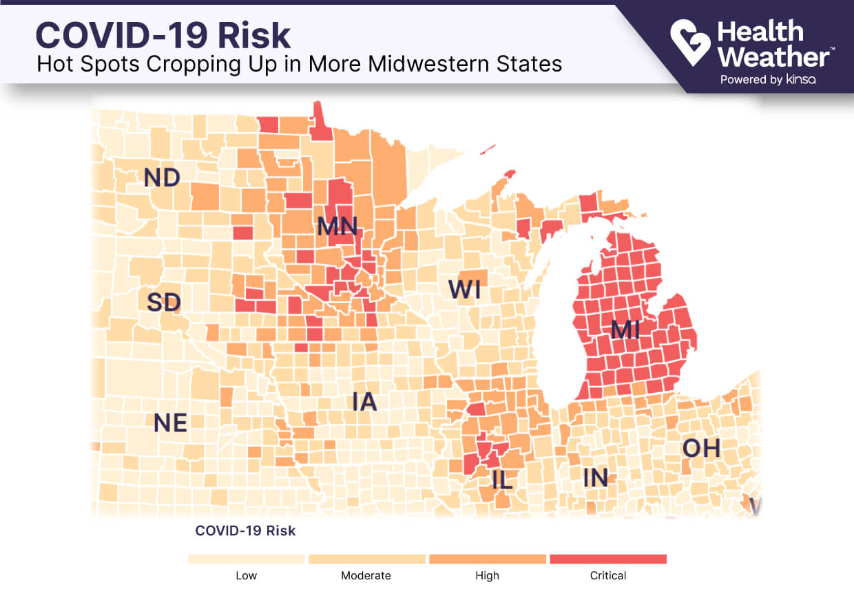 Map showing counties in the midwest who are now rated as having a critical covid-19 risk