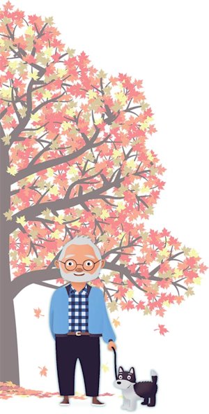 Grandad and dog next to tree