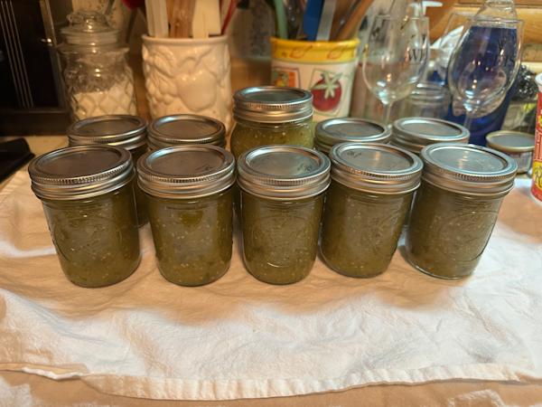 Jars of tomatillo salsa.