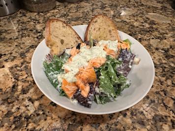 Smoked salmon on a bed of spring greens with tzatziki dressing. 