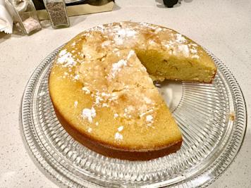 A french butter cake on a platter.