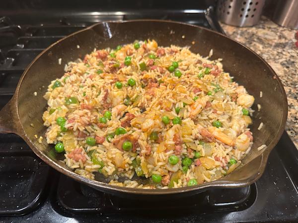 A skillet with pantry paella.