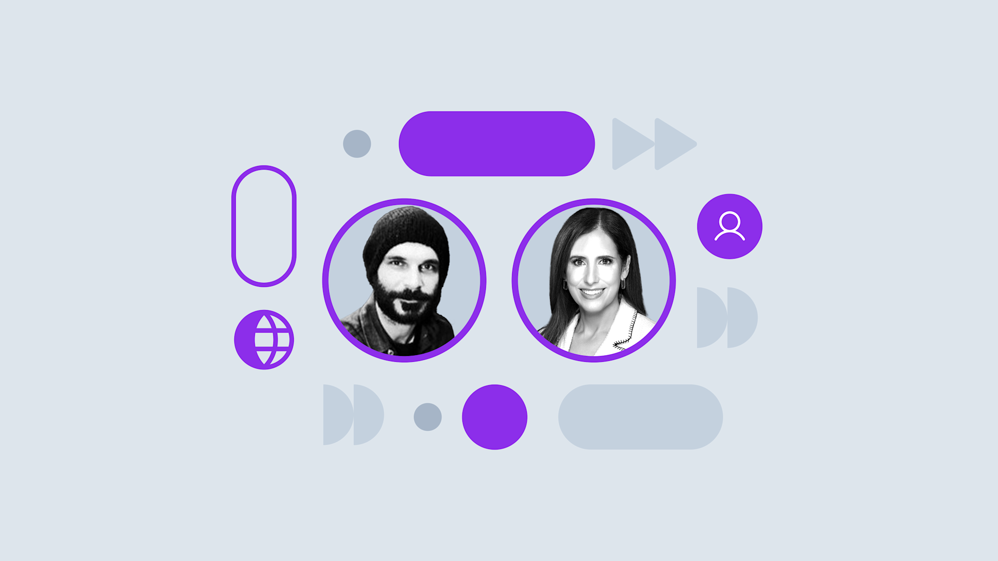 Two profile photos in purple circles with abstract UI elements and icons in purple and gray on a light background