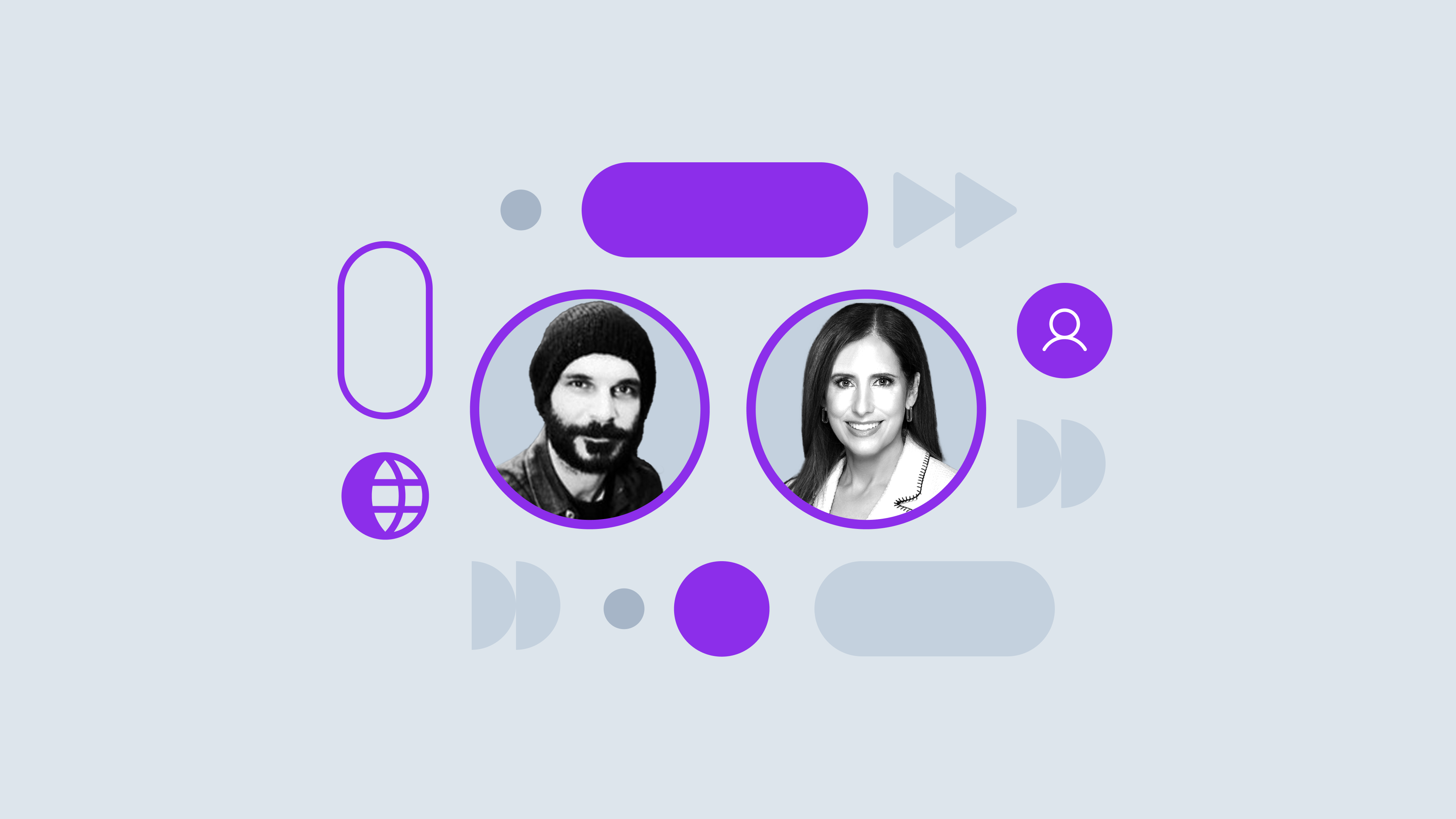 Two profile photos in purple circles with abstract UI elements and icons in purple and gray on a light background