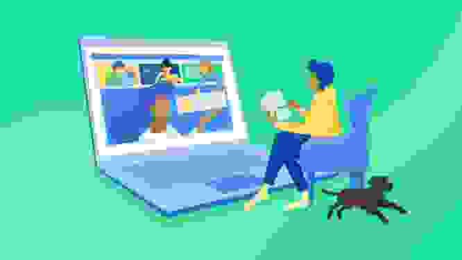 Illustration of someone with a puppy working at their oversized computer.